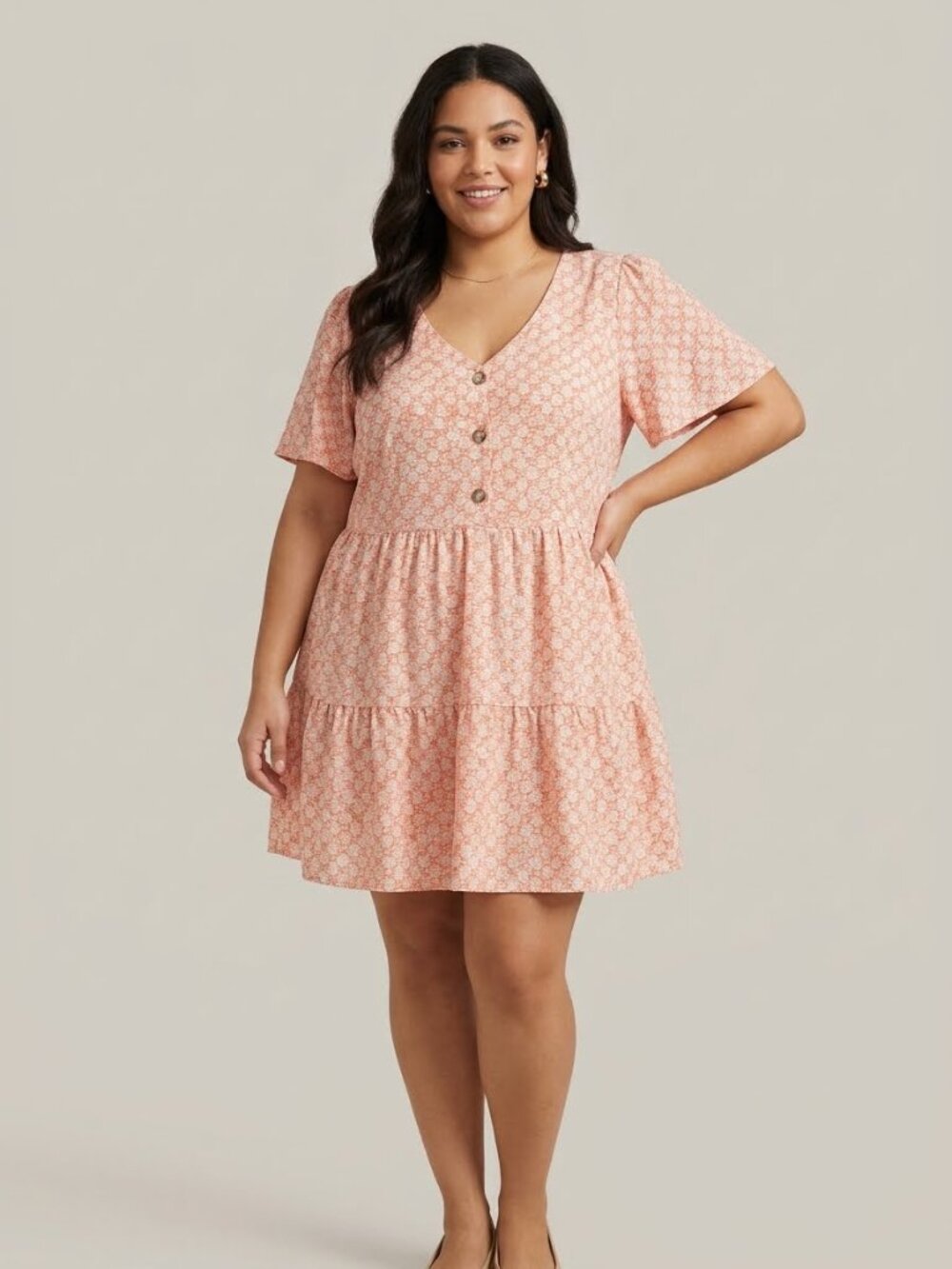 EVRI Peach and White Floral Textured Midi Dress  Teaparty